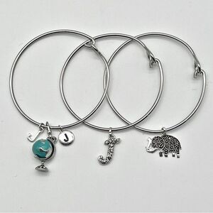 Set of 3 Initial J Elephant Globe Charm Rhinestone Wire Bangles Gift